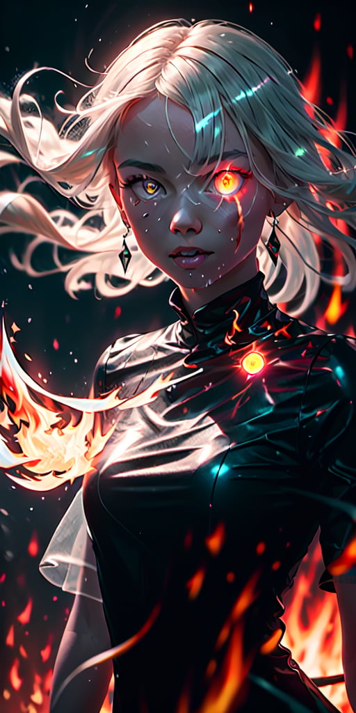 8K, high_resolution, 1080P, 1girl, (Masterpiece)), (Realistic, Photorealistic: 1.35), (RAW Photo, Best Quality),(detailed red glowing flaming eyes:1.2),white hair, floating_hair ,scenery, shiny hair,cinematic scene, centered, beautiful face,black dress,black thin dress, (seen through dress),small thin glowing and flaming scars on face, 