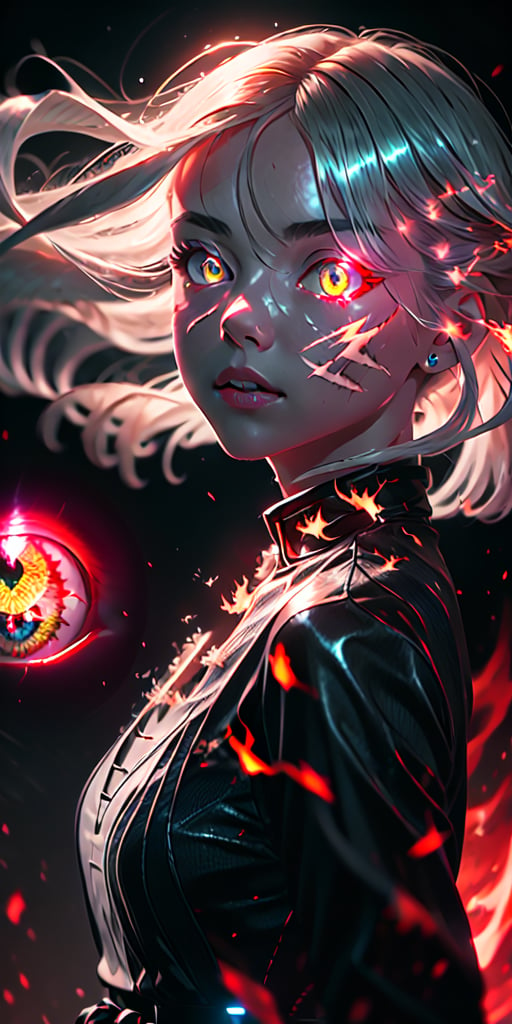 8K, high_resolution, 1080P, 1girl, (Masterpiece)), (Realistic, Photorealistic: 1.35), (RAW Photo, Best Quality),(detailed red glowing flaming eyes:1.2),white hair, floating_hair ,scenery, shiny hair,cinematic scene, centered, beautiful face,black dress,black thin dress(seen through dress),small thin glowing and flaming scars on face, 