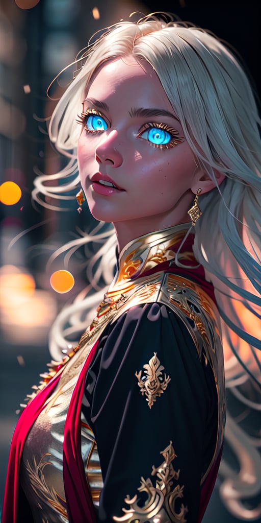 8K, high_resolution, 1080P, 1girl, (Masterpiece)), (Realistic, Photorealistic: 1.35), (RAW Photo, Best Quality), (red and gold color eyes:1.5),red and gold beautiful detailed dragon eyes,white hair, floating_hair ,scenery, cinematic scene, centered, beautiful face,black dress,black thin cloth,(seen through dress), 