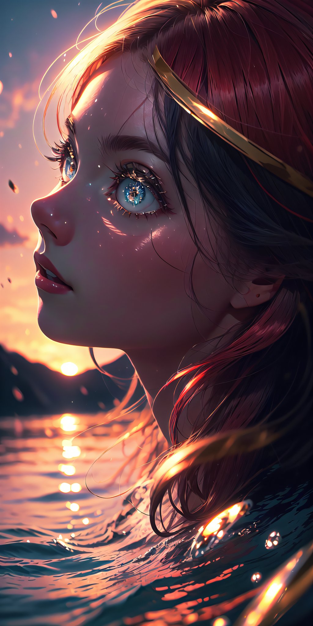 8K, high_resolution, 1080P, 1girl, (Masterpiece)), (Realistic, Photorealistic: 1.35), (RAW Photo, Best Quality,red and gold beautiful detailed eyes, hair, red and gold color eyes, floating_hair ,scenery, cinematic scene, centered, beautiful face