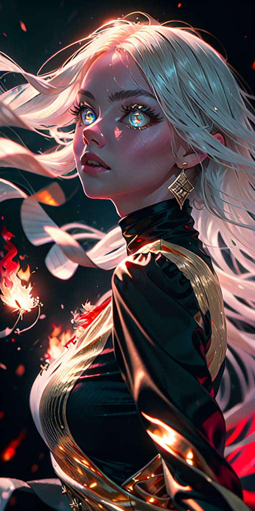 8K, high_resolution, 1080P, 1girl, (Masterpiece)), (Realistic, Photorealistic: 1.35), (RAW Photo, Best Quality), (red and gold color eyes:1),(red and gold beautiful detailed flaming eyes:1.2),white hair, floating_hair ,scenery, shiny hair,cinematic scene, centered, beautiful face,black dress,black thin dress(seen through dress), 