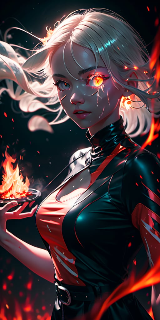 8K, high_resolution, 1080P, 1girl, (Masterpiece)), (Realistic, Photorealistic: 1.35), (RAW Photo, Best Quality),(detailed red glowing flaming eyes:1.2),white hair, floating_hair ,scenery, shiny hair,cinematic scene, centered, beautiful face,black dress,black thin dress, (seen through dress),small thin glowing and flaming scars on face, 