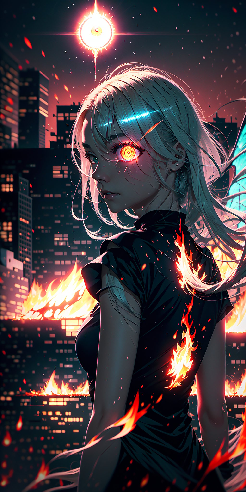 8K, high_resolution, 1080P, 1girl, (Masterpiece)), (Realistic, Photorealistic: 1.35), (RAW Photo, Best Quality), (detailed red glowing flaming eye:1.2) ,white hair, floating_hair ,scenery, shiny hair, cinematic scene, centered, beautiful face, black dress,black thin dress, (seen through dress), small thin glowing and flaming scars on face, shiny lips, burned city in background, half demon, city on fire, red sky,fire sparkel, 1 demon wing on her back, left eye looking at camera, big dragon eye in sky