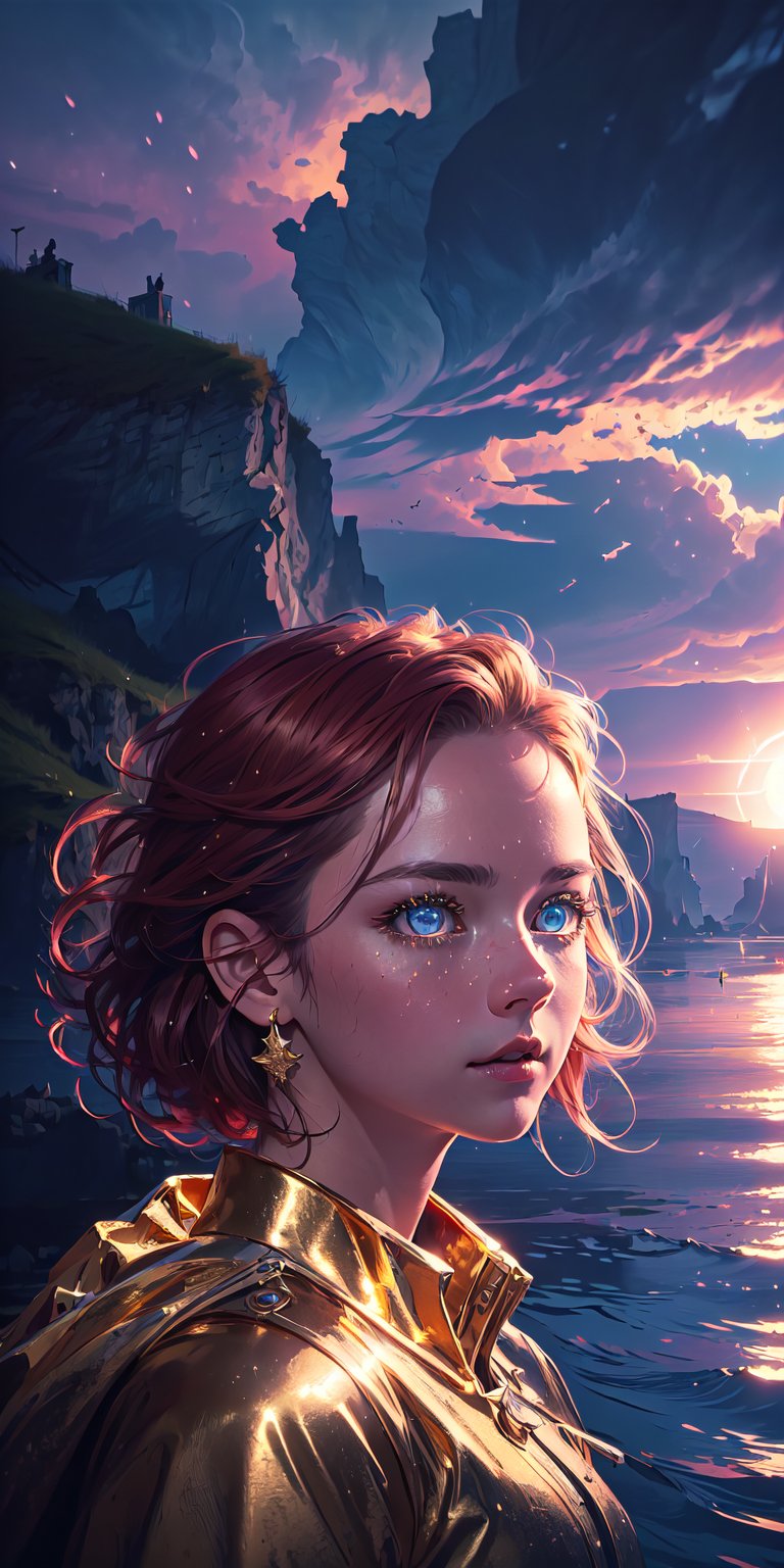 8K, high_resolution, 1080P, 1girl, (Masterpiece)), (Realistic, Photorealistic: 1.35), (RAW Photo, Best Quality,red and gold beautiful detailed eyes, hair, red and gold color eyes, floating_hair ,scenery, cinematic scene, centered, beautiful face