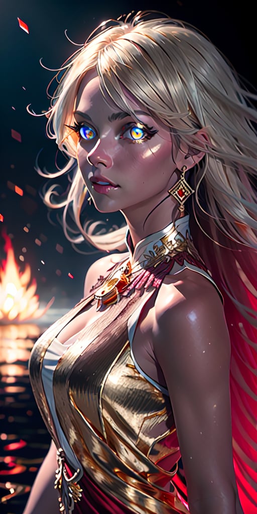 8K, high_resolution, 1080P, 1girl, (Masterpiece)), (Realistic, Photorealistic: 1.35), (RAW Photo, Best Quality), (red and gold color eyes:1.5),red and gold beautiful detailed flaming eyes,white hair, floating_hair ,scenery, cinematic scene, centered, beautiful face,black dress,black thin dress(seen through dress), 