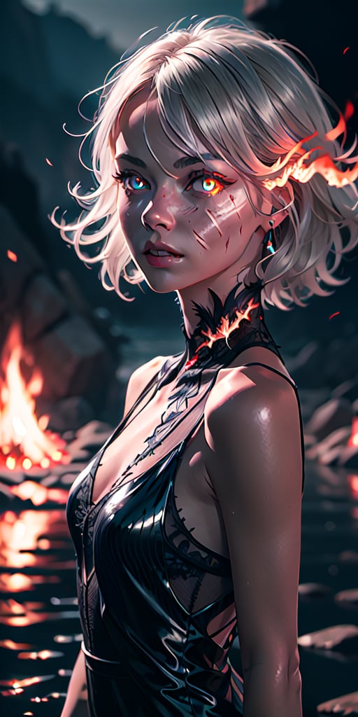 8K, high_resolution, 1080P, 1girl, (Masterpiece)), (Realistic, Photorealistic: 1.35), (RAW Photo, Best Quality),(red detailed flaming eyes:1.2),white hair, floating_hair ,scenery, shiny hair,cinematic scene, centered, beautiful face, black dress, black thin dress(seen through dress),small thin glowing and flaming scars on face