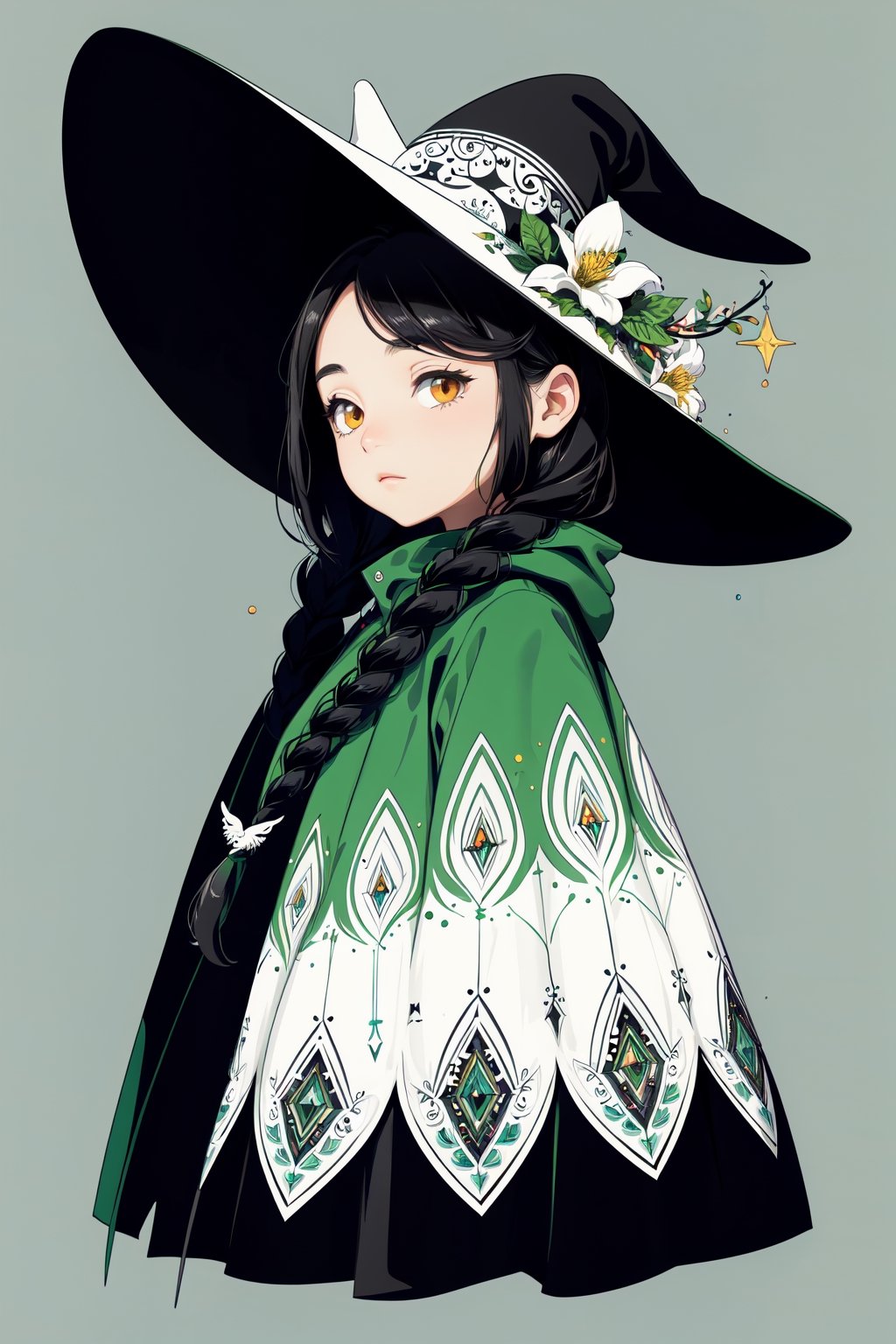 (( Ride on beautifully decorated white giant lagomorph )) , shining eyes , twin braid , black hair , parted bangs, little girl, 15 years old, simple green witch's big hat and green robe, intricate details, 32k digital painting, hyperrealism, (vivid color,abstract background:1.3, colorful:1.3, flowers:1.2, zentangle:1.2, fractal art:1.1) ,High detailed ,