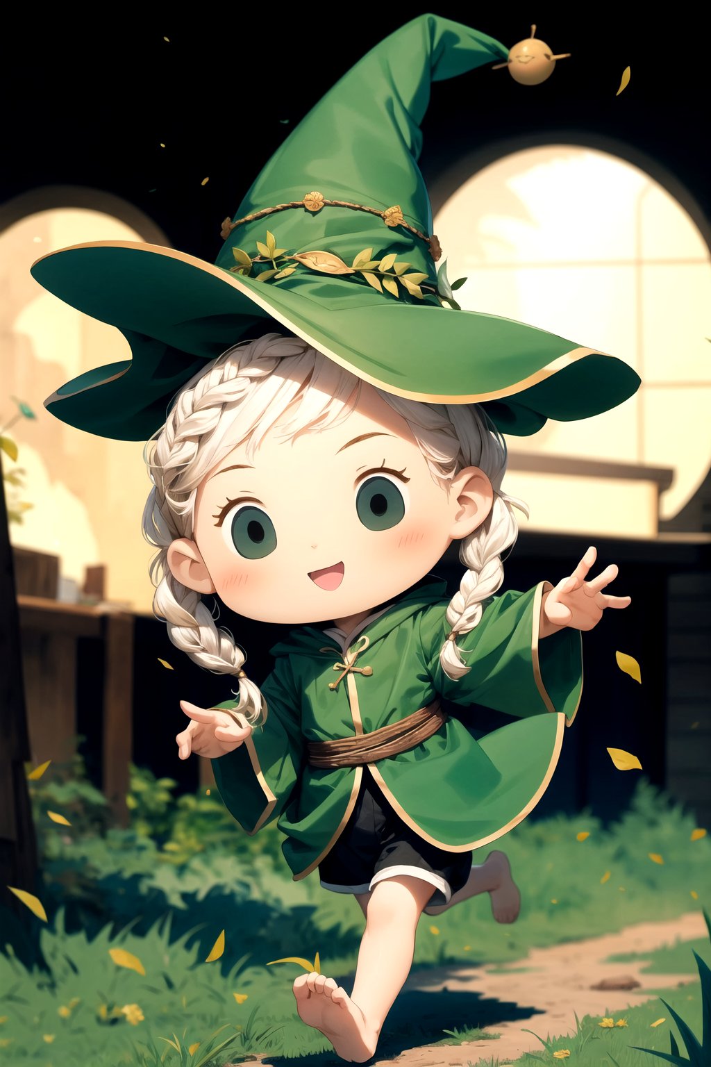 ((A girl with braids running happily)), have strange powers, no background, full body, 10 years old, simple green witch's big hat and green robe, intricate details, 32k digital painting, hyperrealism, SUPER HIGH quality, in 8K, intricate detail, ultra-detailed,chibi,cat,cute comic,shouban,black_eyes,twitch emoji