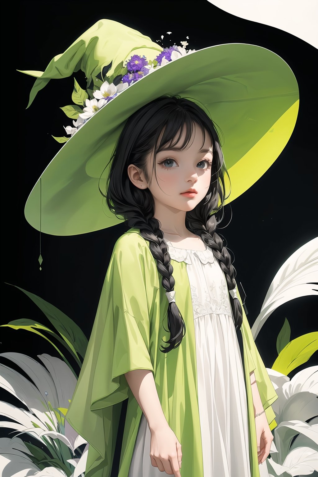 (( playing a luxurious white piano )) , shining eyes , twin braid , black hair , parted bangs, little girl, 10 years old, simple green witch's big hat and green robe, intricate details, 32k digital painting, hyperrealism, (vivid color,abstract background:1.3, colorful:1.3, flowers:1.2, zentangle:1.2, fractal art:1.1) ,High detailed ,