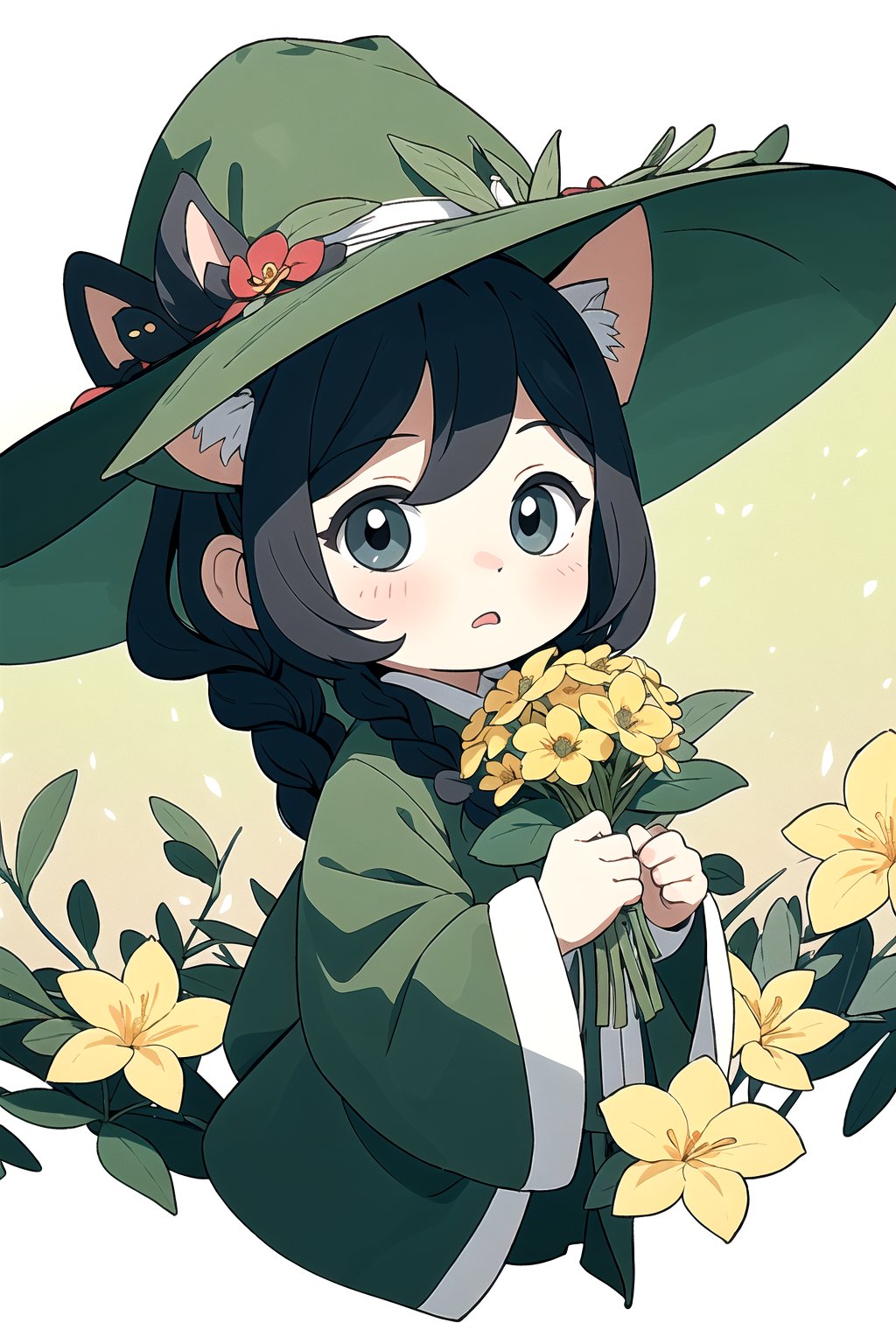 1girl, twin_braid,black hair , yawning , little girl, 10 years old, upper body, simple green witch's big hat and green robe, looking at viewer, intricate details, 32k digital painting, hyperrealism, (abstract background:1.3), (colorful:1.3), (flowers:1.2), (zentangle:1.2), (fractal art:1.1), two side up, lips, closed mouth, bangs, upper body, parted bangs, SUPER HIGH quality, in 8K , intricate detail, ultra-detailed,twitch emoji,chibi,genshin chibi emote,cat,full body,black_eyes