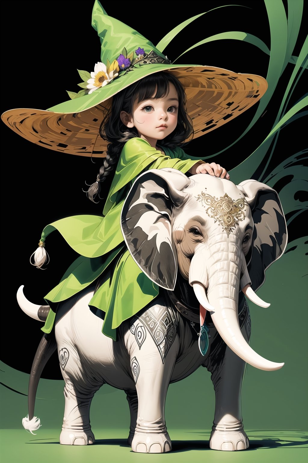 (( Riding a giant decorated elephant )) , shining eyes , twin braid , black hair , parted bangs, little girl, 10 years old, simple green witch's big hat and green robe, intricate details, 32k digital painting, hyperrealism, (vivid color,abstract background:1.3, colorful:1.3, flowers:1.2, zentangle:1.2, fractal art:1.1) ,High detailed ,