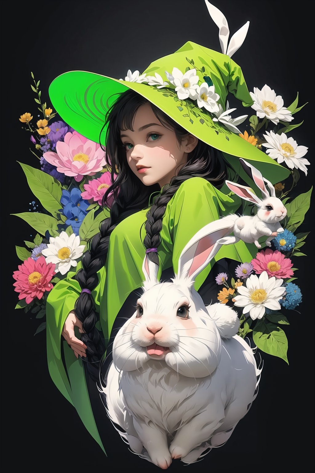 (( Ride on beautifully decorated white giant lagomorph )) , shining eyes , twin braid , black hair , parted bangs, little girl, 10 years old, simple green witch's big hat and green robe, intricate details, 32k digital painting, hyperrealism, (vivid color,abstract background:1.3, colorful:1.3, flowers:1.2, zentangle:1.2, fractal art:1.1) ,High detailed ,