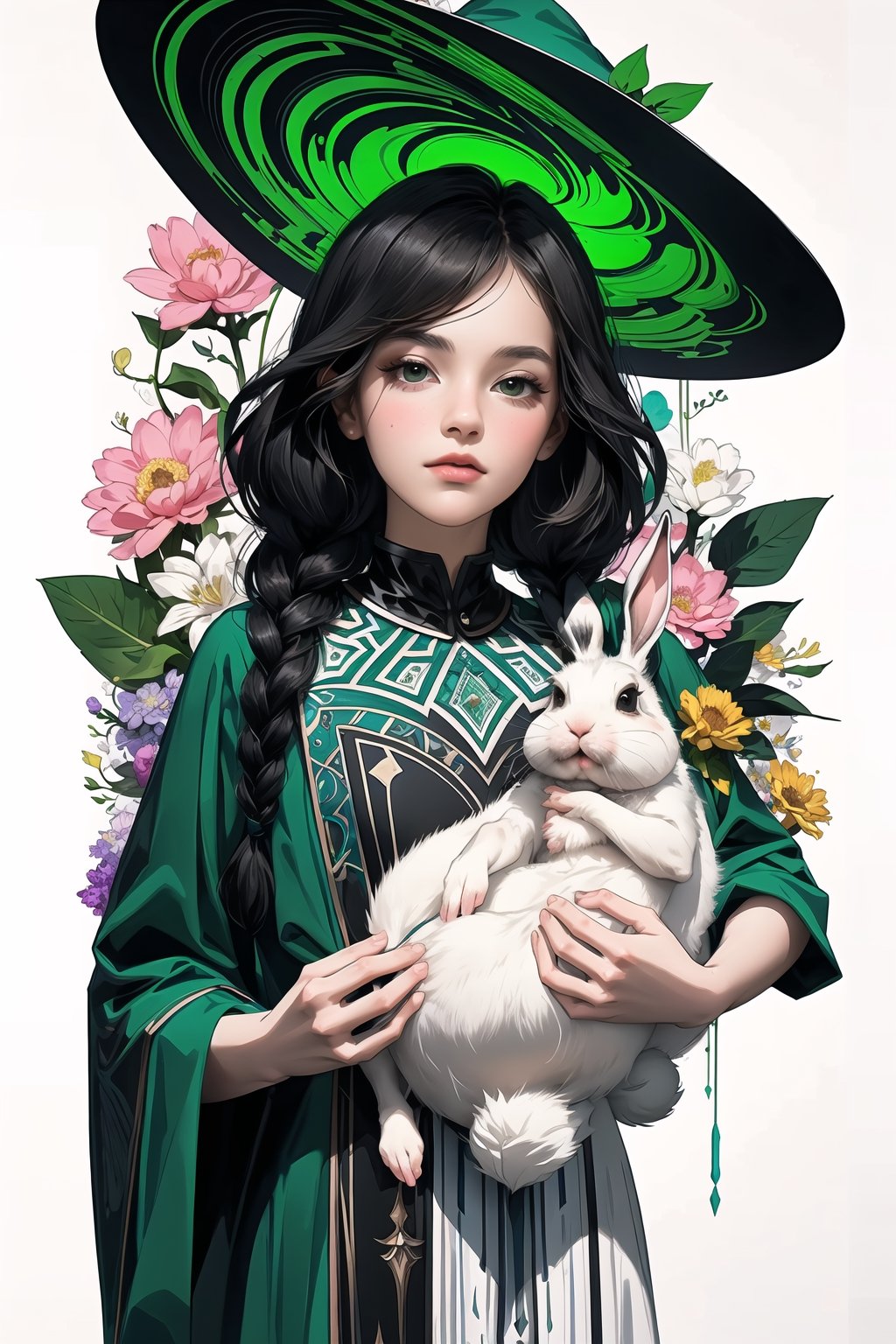 (( Ride on beautifully decorated white giant lagomorph )) , shining eyes , twin braid , black hair , parted bangs, little girl, 10 years old, simple green witch's big hat and green robe, intricate details, 32k digital painting, hyperrealism, (vivid color,abstract background:1.3, colorful:1.3, flowers:1.2, zentangle:1.2, fractal art:1.1) ,High detailed ,