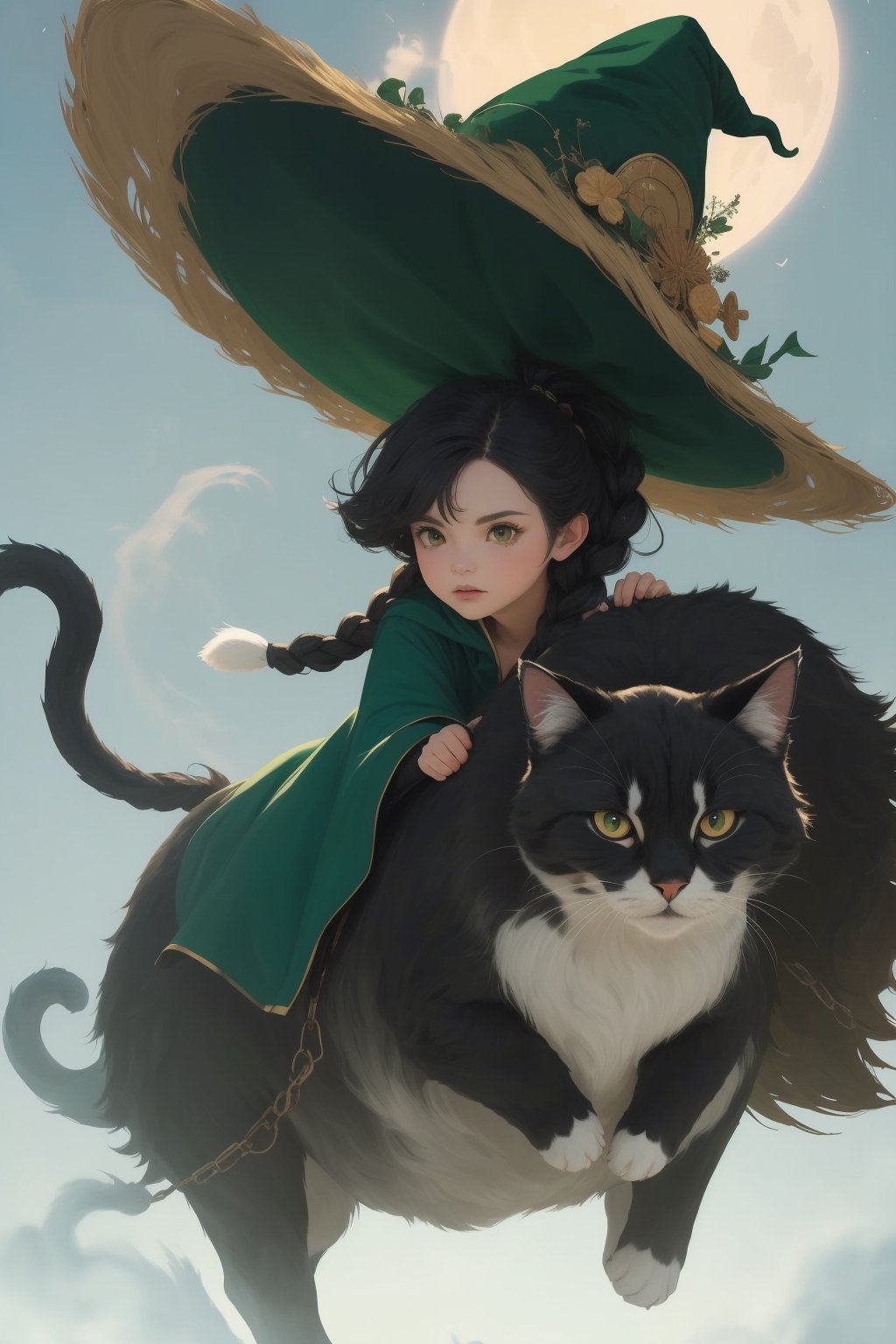 (( Riding a giant fat fluffy calico cat )), shining eyes, twin braid, black hair, parted bangs, little girl, 10 years old, simple green witch's big hat and green robe, ,chibi,genshin chibi emote,best quality,fantasy,art,