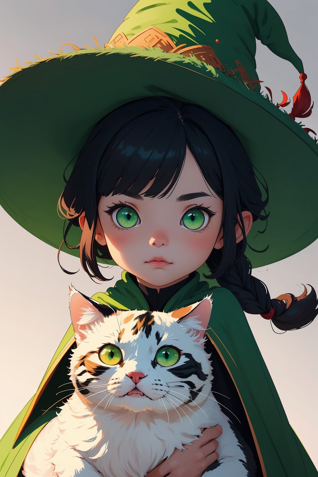 (( Riding a giant fat fluffy calico cat )), shining eyes, twin braid, black hair, parted bangs, little girl, 10 years old, simple green witch's big hat and green robe, ,chibi,genshin chibi emote,best quality,fantasy,art,highres