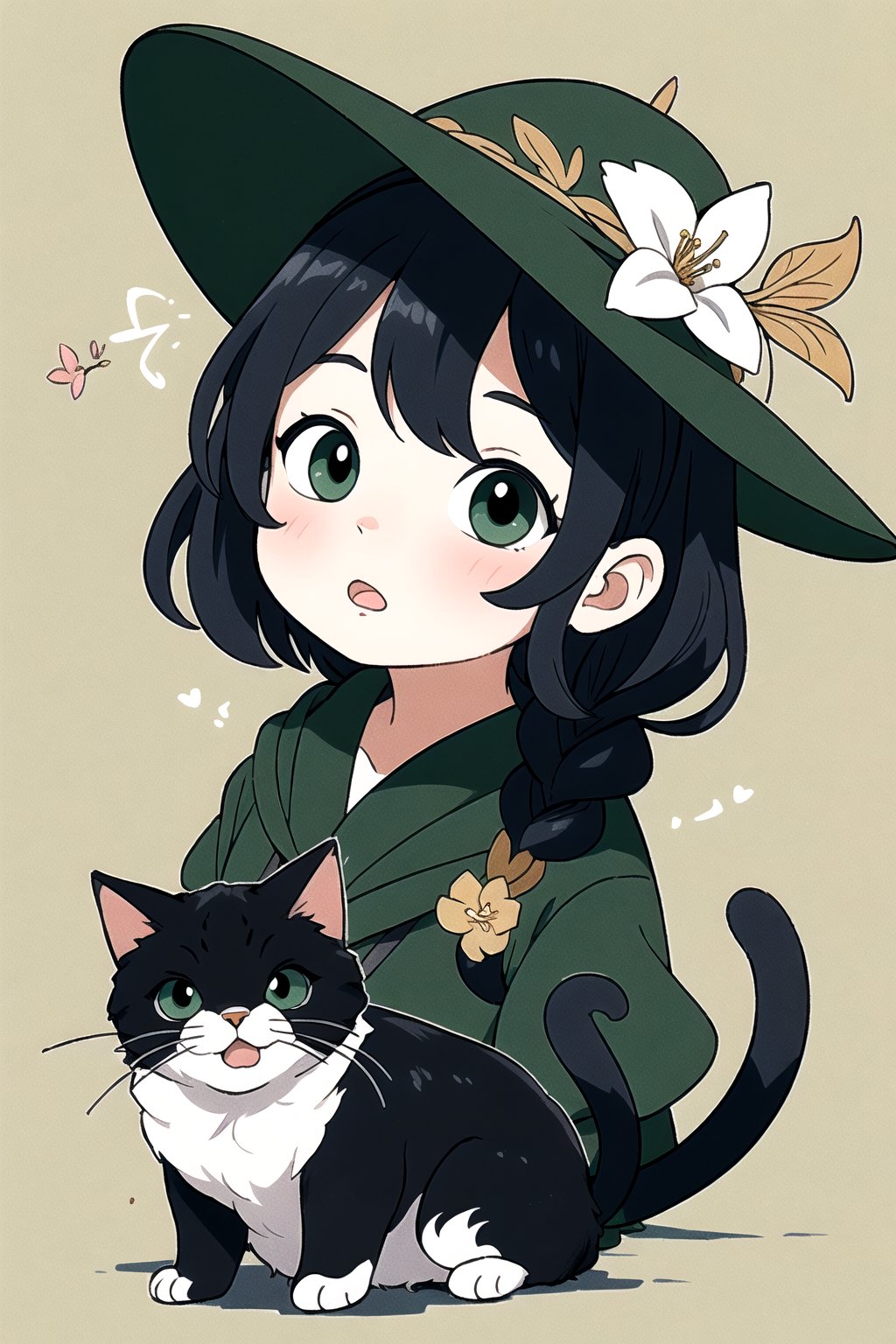 1girl, twin_braid,black hair , yawning , little girl, 10 years old, upper body, simple green witch's big hat and green robe, looking at viewer, intricate details, 32k digital painting, hyperrealism, (abstract background:1.3), (colorful:1.3), (flowers:1.2), (zentangle:1.2), (fractal art:1.1), two side up, lips, closed mouth, bangs, upper body, parted bangs, SUPER HIGH quality, in 8K , intricate detail, ultra-detailed,twitch emoji,chibi,genshin chibi emote,cat,full body,black_eyes