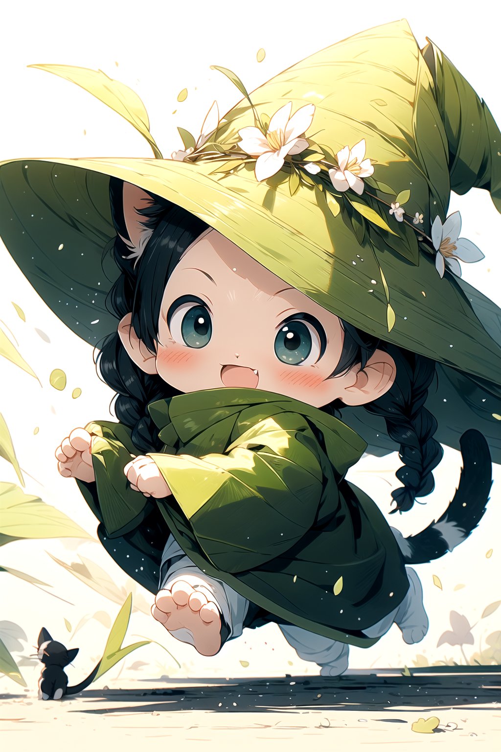 ((A girl with braids running happily)), have strange powers, no background, full body, 10 years old, simple green witch's big hat and green robe, intricate details, 32k digital painting, hyperrealism, SUPER HIGH quality, in 8K, intricate detail, ultra-detailed,chibi,cat,cute comic,shouban,black_eyes,twitch emoji