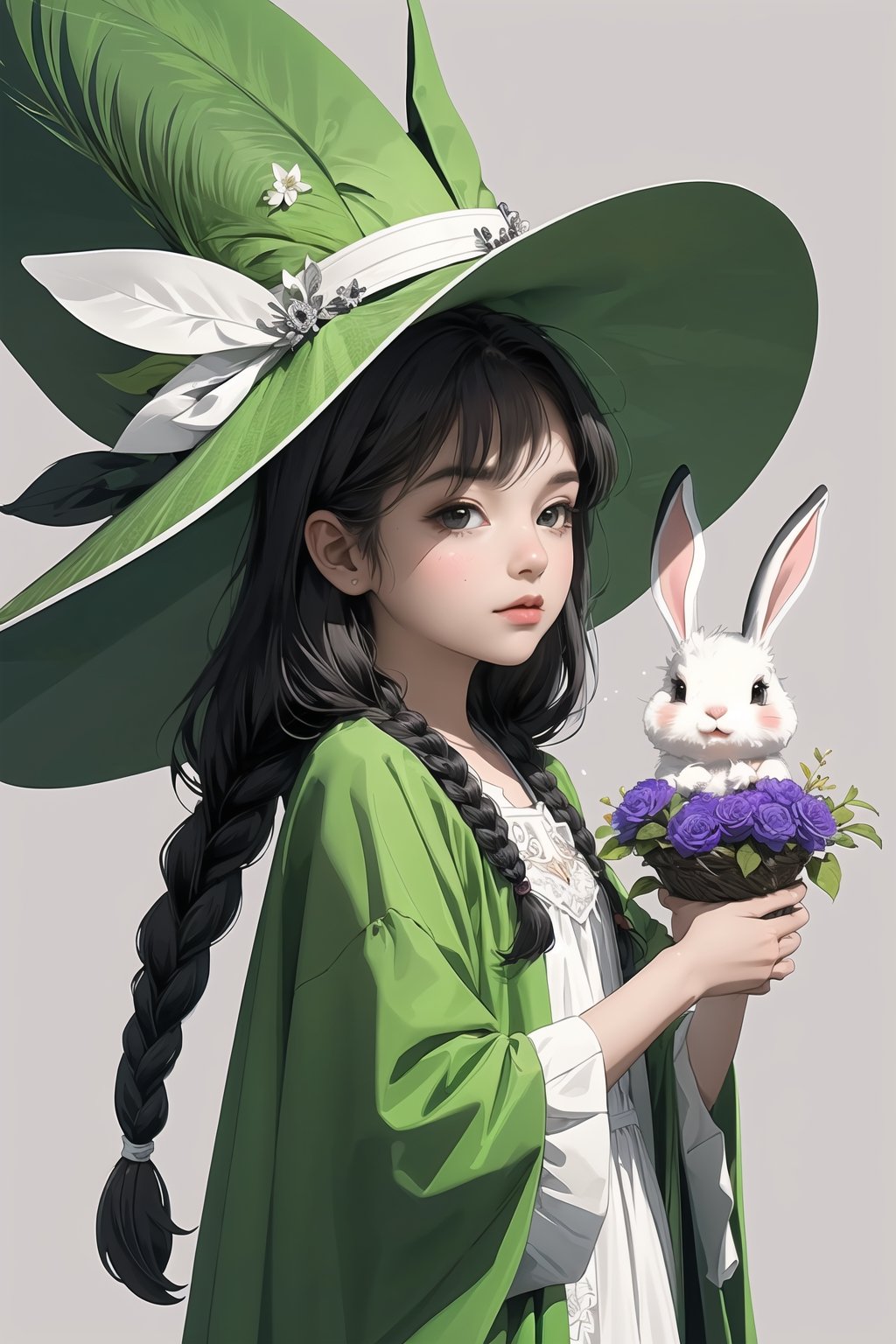 (( Ride on beautifully decorated white giant lagomorph )) , shining eyes , twin braid , black hair , parted bangs, little girl, 10 years old, simple green witch's big hat and green robe, intricate details, 32k digital painting, hyperrealism, (vivid color,abstract background:1.3, colorful:1.3, flowers:1.2, zentangle:1.2, fractal art:1.1) ,High detailed ,