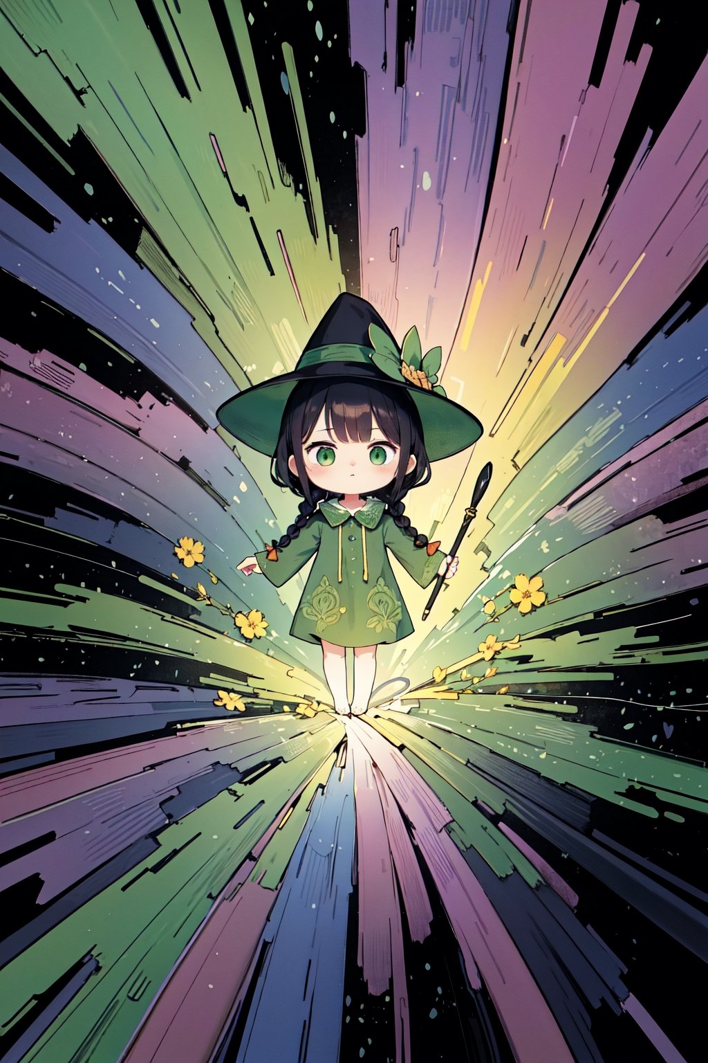 ((Floats in the air with magical powers)) , shining eyes , twin_braid , black hair , little girl, 10 years old, simple green witch's big hat and green robe, intricate details, 32k digital painting, hyperrealism, (abstract background:1.3), (colorful:1.3), (flowers:1.2), (zentangle:1.2), (fractal art:1.1) , parted bangs, SUPER HIGH quality, in 8K , intricate detail, ultra-detailed,chibi,