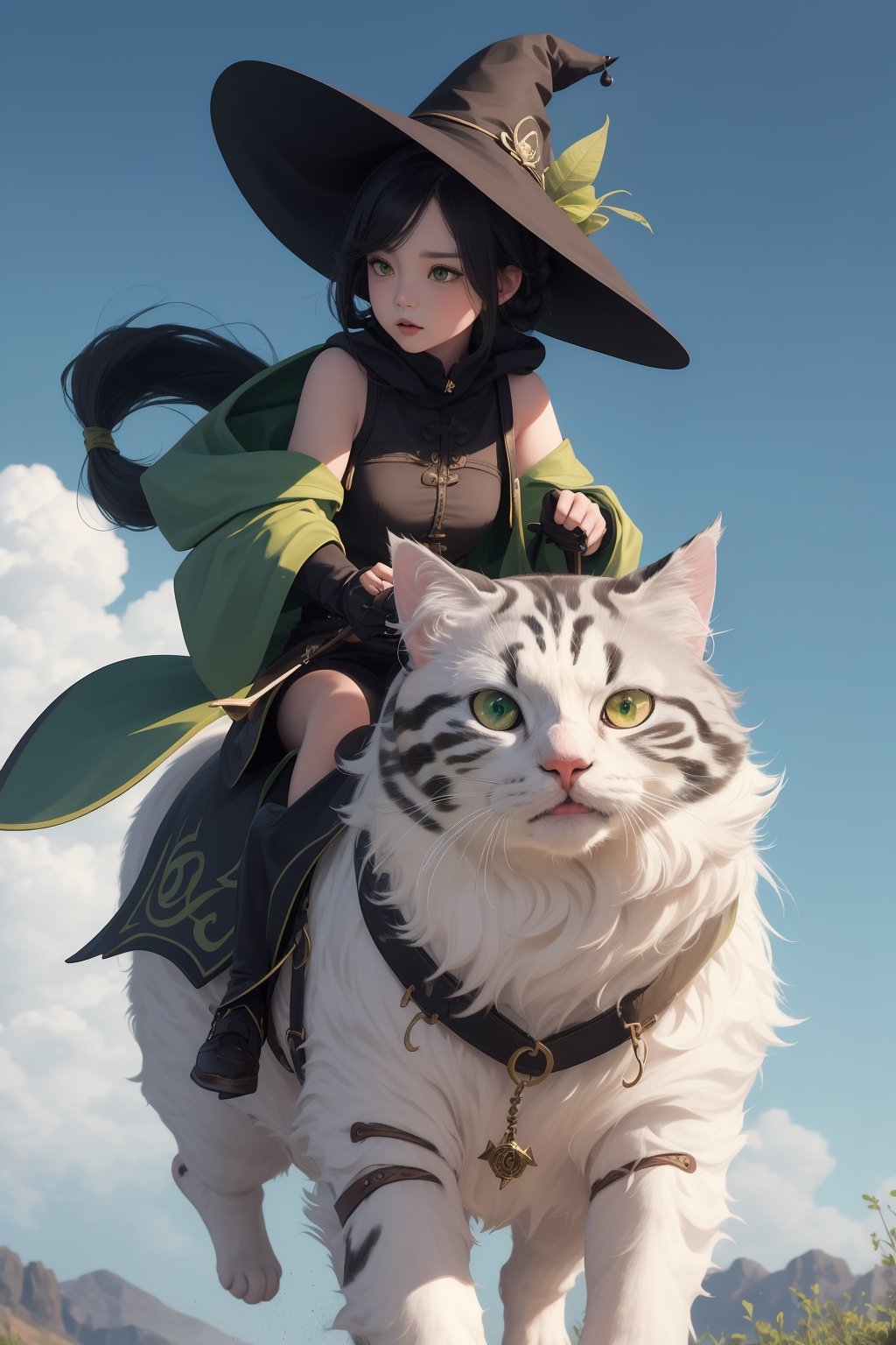 (( Riding a giant fat fluffy calico cat )), shining eyes, twin braid, black hair, parted bangs, little girl, 10 years old, simple green witch's big hat and green robe, ,chibi,genshin chibi emote,best quality,fantasy,art,highres,IncrsNikkeProfile,masterpiece