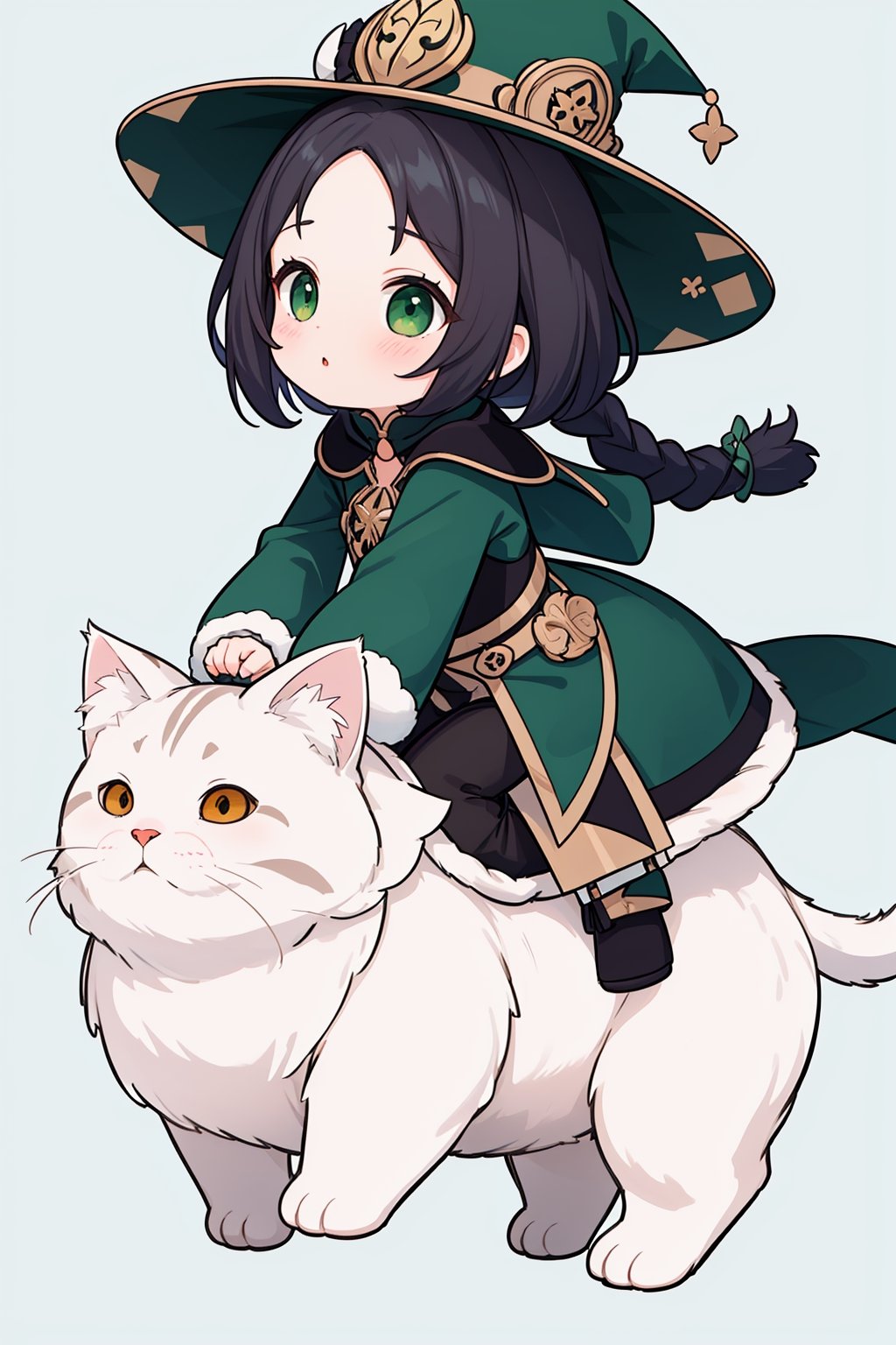 (( Riding a giant fat fluffy calico cat )), shining eyes, twin braid, black hair, parted bangs, little girl, 10 years old, simple green witch's big hat and green robe, ,chibi,genshin chibi emote,best quality