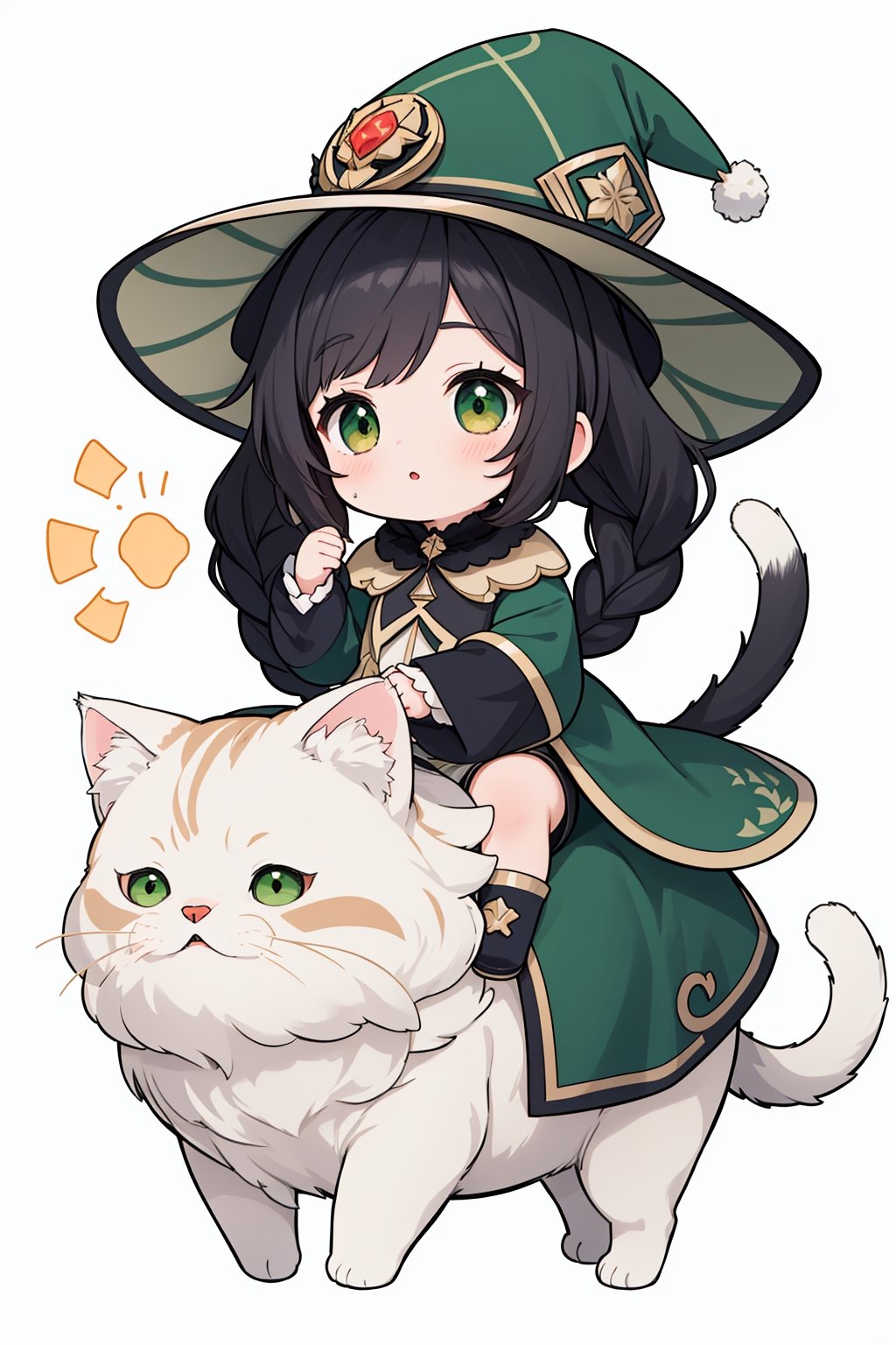 (( Riding a giant fat fluffy calico cat )), shining eyes, twin braid, black hair, parted bangs, little girl, 10 years old, simple green witch's big hat and green robe, ,chibi,genshin chibi emote,best quality