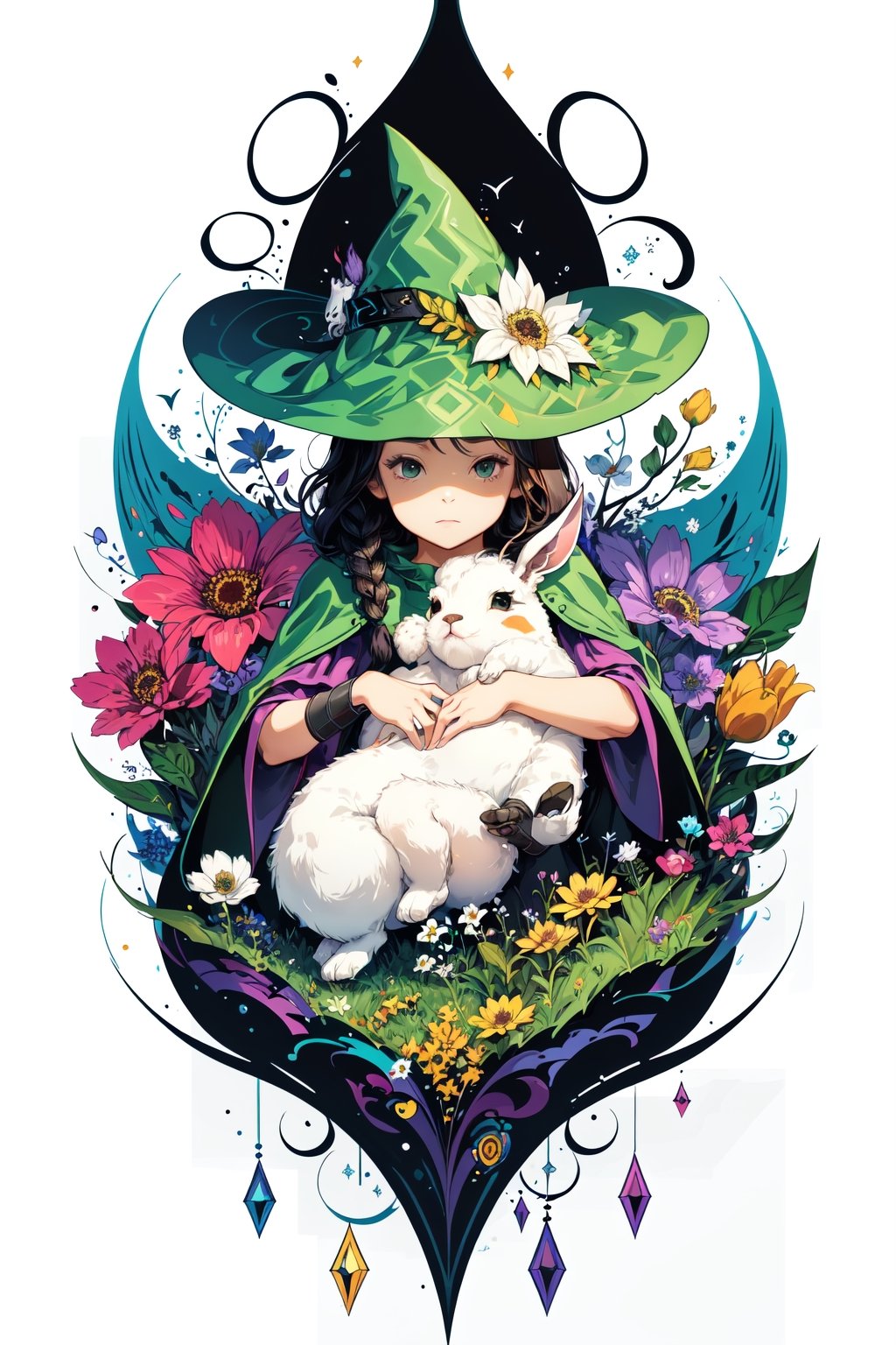 (( Ride on beautifully decorated white giant lagomorph )) , shining eyes , twin braid , black hair , parted bangs, little girl, 15 years old, simple green witch's big hat and green robe, intricate details, 32k digital painting, hyperrealism, (vivid color,abstract background:1.3, colorful:1.3, flowers:1.2, zentangle:1.2, fractal art:1.1) ,High detailed ,