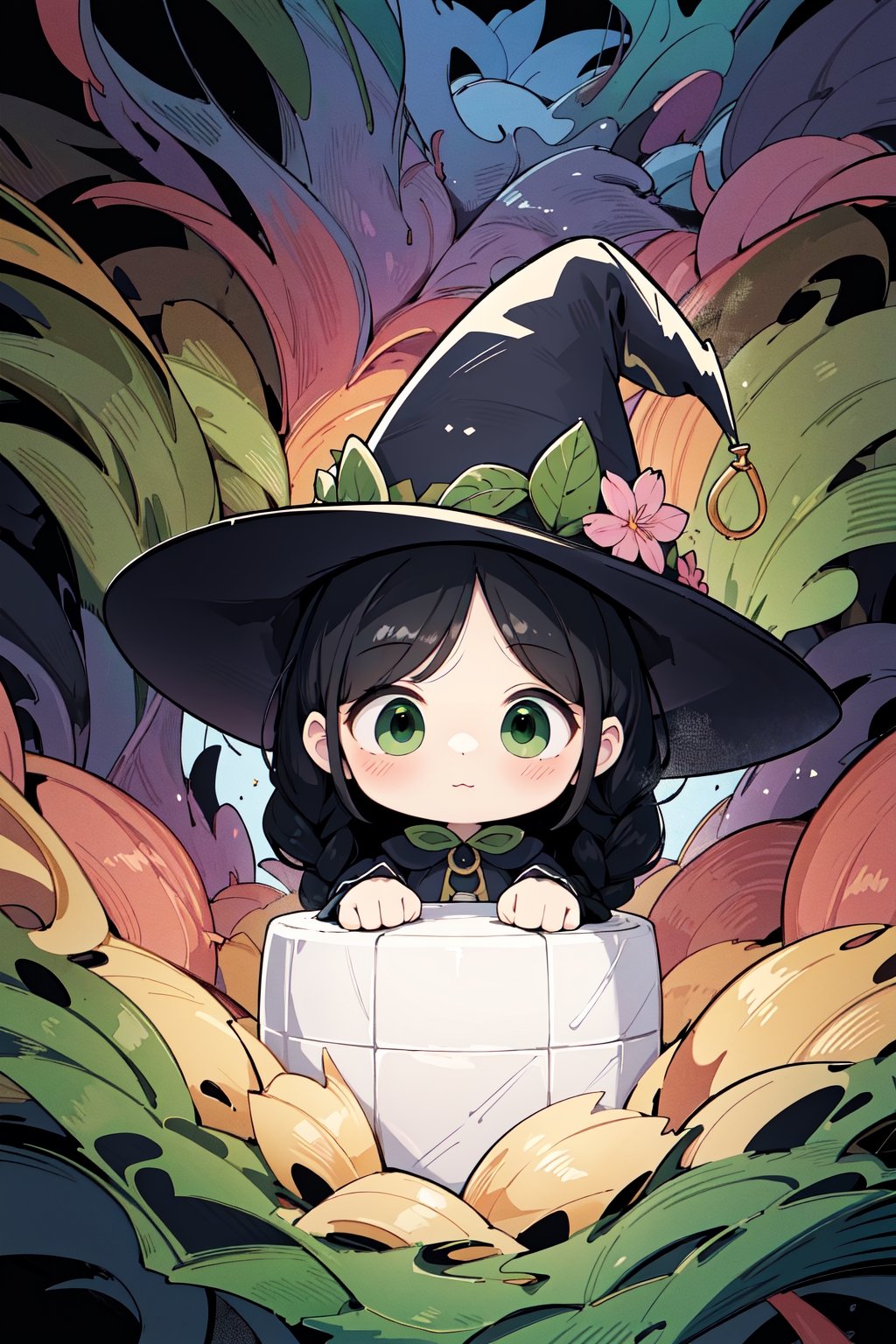 ((holds a huge white mallet with both hands)) , shining eyes , twin_braid , black hair , little girl, 10 years old, simple green witch's big hat and green robe, intricate details, 32k digital painting, hyperrealism, (abstract background:1.3), (colorful:1.3), (flowers:1.2), (zentangle:1.2), (fractal art:1.1) , parted bangs, SUPER HIGH quality, in 8K , intricate detail, ultra-detailed,chibi,