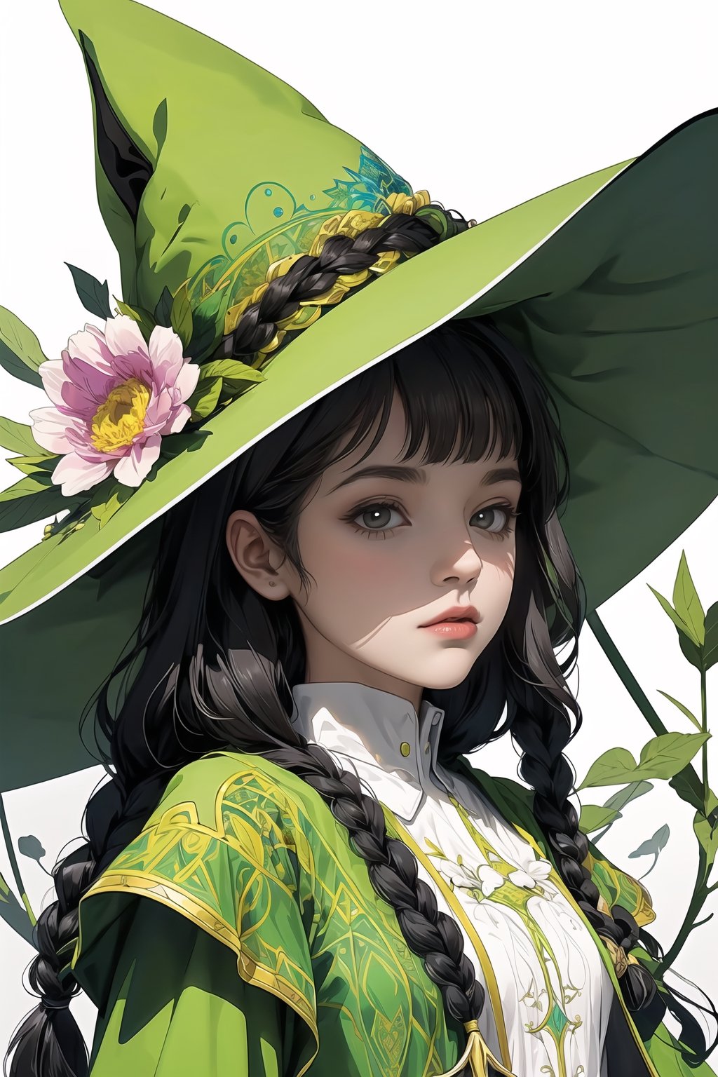 (( Ride on beautifully decorated white giant lagomorph )) , shining eyes , twin braid , black hair , parted bangs, little girl, 10 years old, simple green witch's big hat and green robe, intricate details, 32k digital painting, hyperrealism, (vivid color,abstract background:1.3, colorful:1.3, flowers:1.2, zentangle:1.2, fractal art:1.1) ,High detailed ,