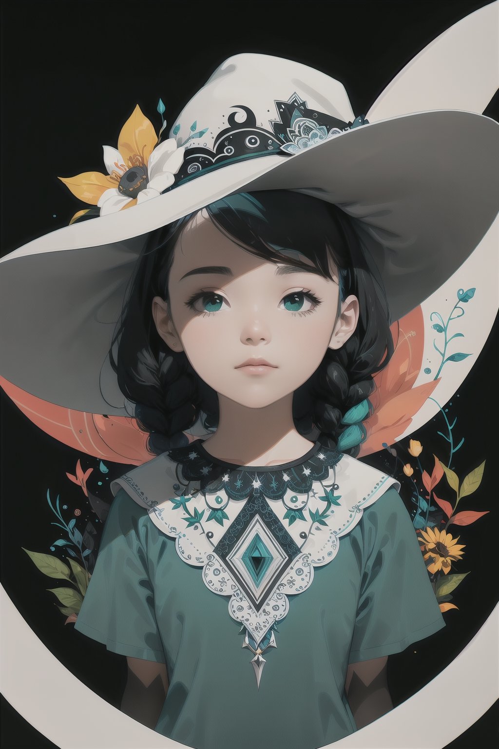 (( playing a luxurious white piano )) , shining eyes , twin braid , black hair , parted bangs, little girl, 15 years old, simple green witch's big hat and green robe, intricate details, 32k digital painting, hyperrealism, (vivid color,abstract background:1.3, colorful:1.3, flowers:1.2, zentangle:1.2, fractal art:1.1) ,High detailed ,