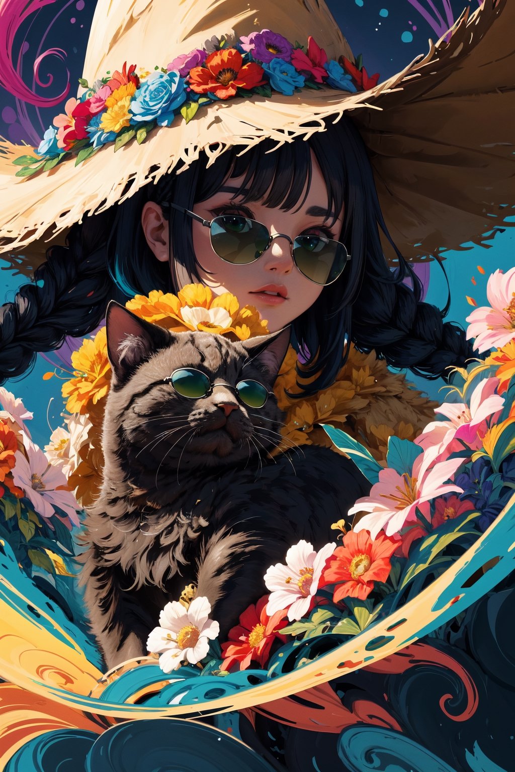 ((Wear sunglasses with dignity)) , shining eyes , twin_braid , black hair , little girl, 10 years old, simple green witch's big hat and green robe, intricate details, 32k digital painting, hyperrealism, (vivid color),(abstract background:1.3), (colorful:1.3), (flowers:1.2), (zentangle:1.2), (fractal art:1.1) , parted bangs, SUPER HIGH quality, in 8K , intricate detail, ultra-detailed,chibi,High detailed ,cat