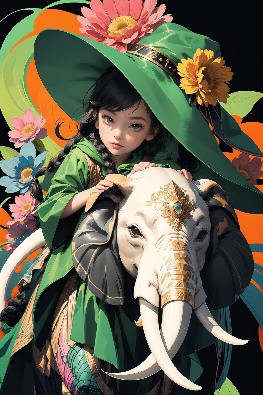 (( Riding a giant decorated elephant )) , shining eyes , twin braid , black hair , parted bangs, little girl, 10 years old, simple green witch's big hat and green robe, intricate details, 32k digital painting, hyperrealism, (vivid color,abstract background:1.3, colorful:1.3, flowers:1.2, zentangle:1.2, fractal art:1.1) ,High detailed ,