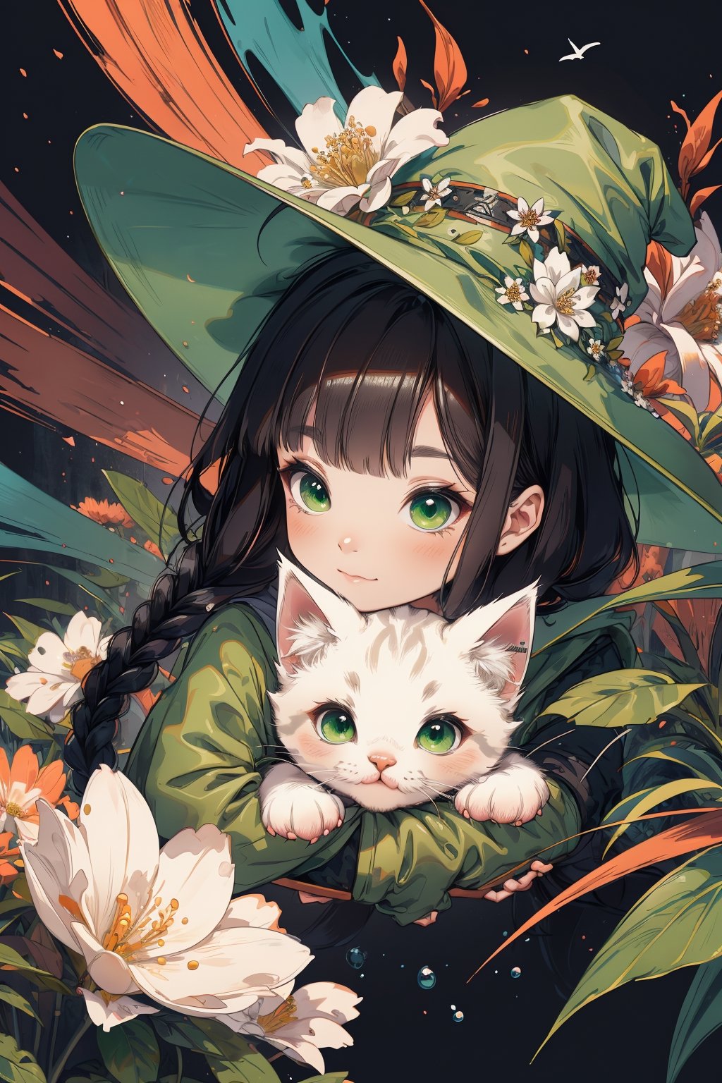 ((Flying in the sky with fluffy kitten)) ,(SIMPLE green witch's big hat and green robe), shining eyes , twin_braid ,blunt bangs, black hair , little girl, 10 years old, intricate details, 32k digital painting, hyperrealism, (vivid color,abstract background:1.3, colorful:1.3, flowers:1.2, zentangle:1.2, fractal art:1.1) , parted bangs, SUPER HIGH quality, in 8K , intricate detail, ultra-detailed,High detailed ,