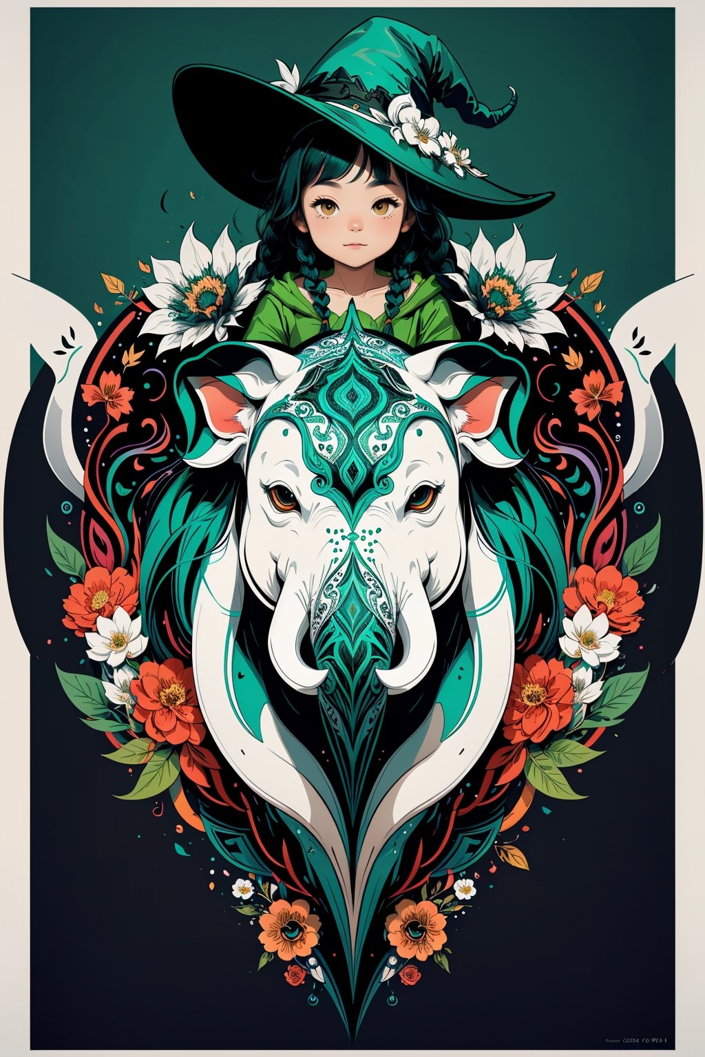 (( Riding a giant beautifully decorated white elephant )) , shining eyes , twin braid , black hair , parted bangs, little girl, 15 years old, simple green witch's big hat and green robe, intricate details, 32k digital painting, hyperrealism, (vivid color,abstract background:1.3, colorful:1.3, flowers:1.2, zentangle:1.2, fractal art:1.1) ,High detailed ,nijilorawolf