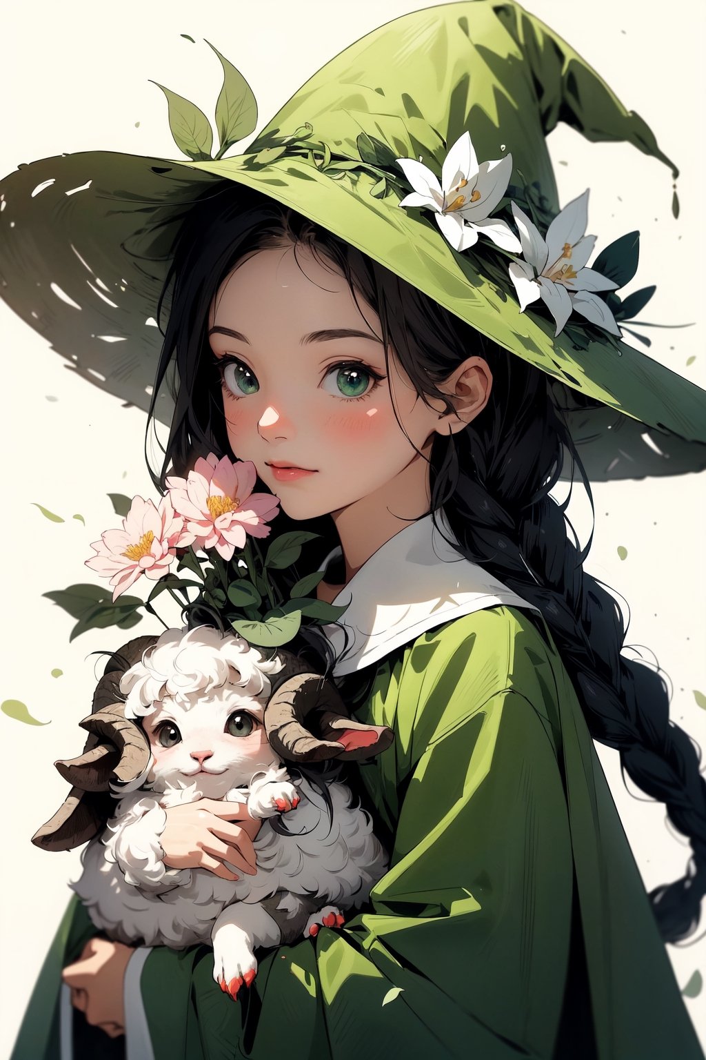 (( carries a sheep on shoulder )) , shining eyes , twin_braid , black hair , little girl, 10 years old, simple green witch's big hat and green robe, intricate details, 32k digital painting, hyperrealism, (vivid color,abstract background:1.3, colorful:1.3, flowers:1.2, zentangle:1.2, fractal art:1.1) , parted bangs, SUPER HIGH quality, in 8K ,chibi