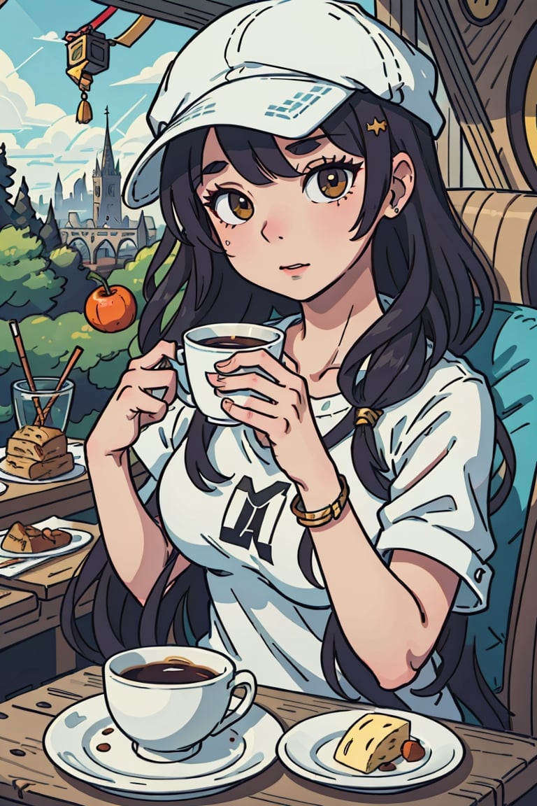 girl, park, long_hair, casual, cup, fantasy, food, fruit, white eyes, hand on table, hat,