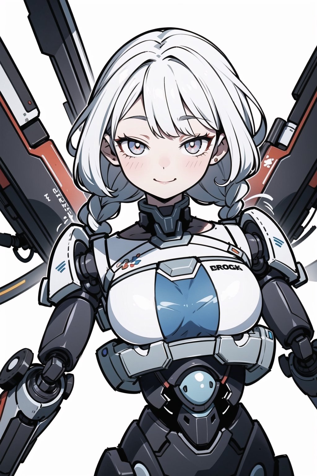 masterpiece, robot girl, white eyes, white hair, braided_hair, 1girl, cyborg, upper body, joints, mecha musume, portrait, mechanical arms, happy, mechanical legs, robot joints, bright colors, light colors, non-colored