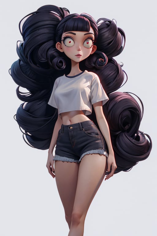 Carol-Anne Wilder in full length pose wearing cropped white t-shirt and booty-shorts, curly black hair bangs hairstyle, hazel eyes, hyper detailed eyes, beautiful eyes, perky breasts in a white cropped t-shirt, perfect anatomy, centered, approaching perfection, dynamic, highly detailed, artstation, concept art, smooth, sharp focus, illustration, cinematic shallow depth of field, chempunk dystopian background, trending on artstation, 8k, masterpiece, fine detail, muted cinematic lut, intricate detail, perfecteyes, TimBurton Animation