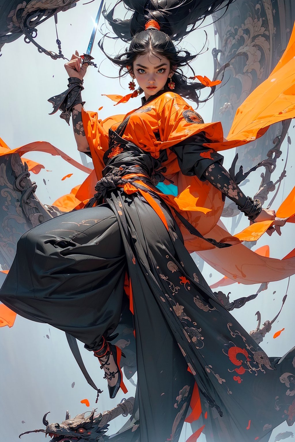 Best quality, masterpiece, ultra high res, 1 girl, beautiful face, detailed skin, gu, dragon, full body, weapon, black hair, holding weapon, blood, arm guards, male focus, looking at viewer, black eyes, tabi, floating hair, full body, orange, hands up