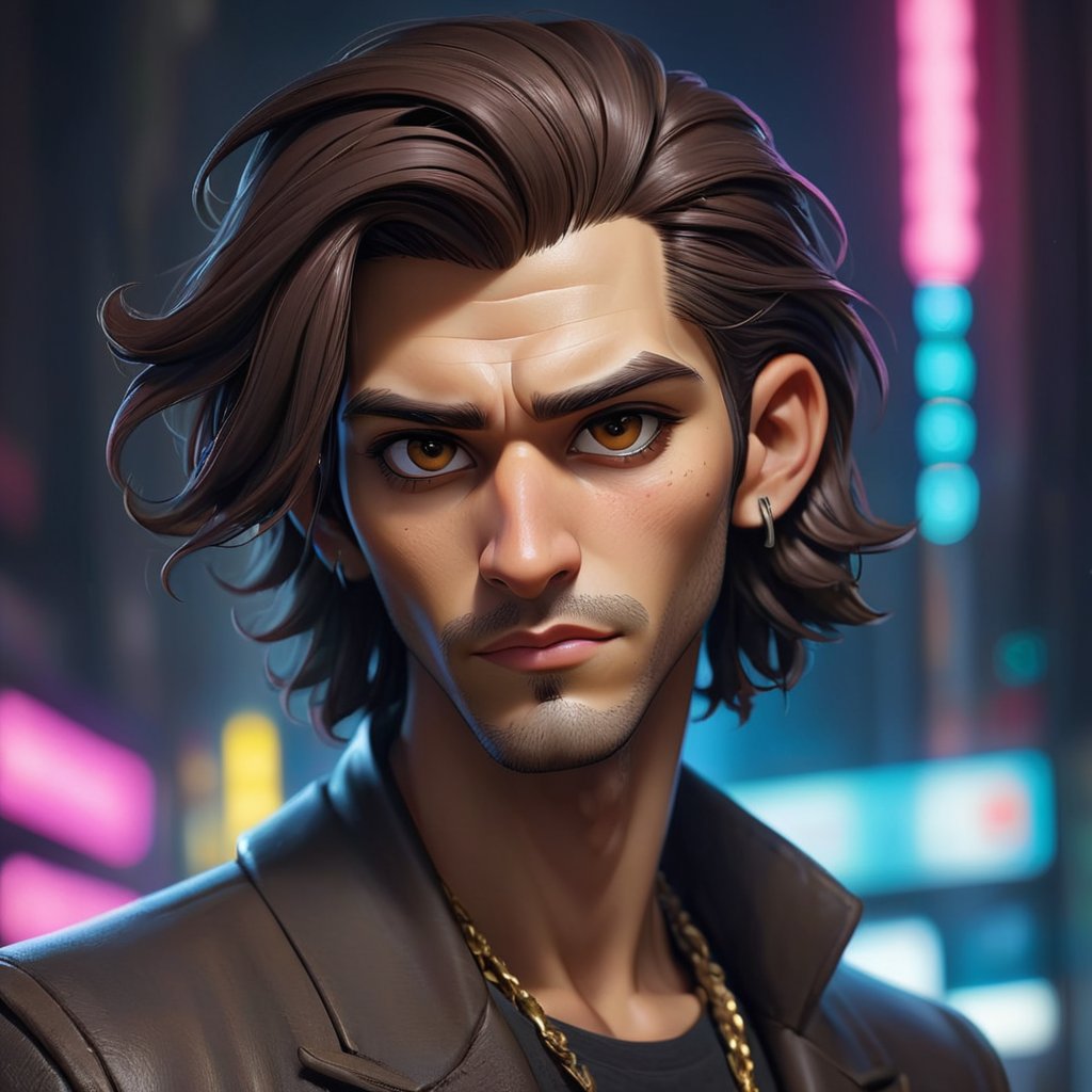 Male, middle eastern features and long wavy dark hair, brown eyes, large nose, slanted forehead, short chin

county festival 
futuristic Neon cyberpunk synthwave cybernetic  John Kenn Mortensen and by Johannes Vermeer and by Marco Guerra