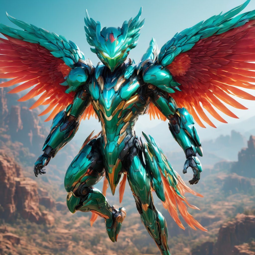 bio mechanical boy phoenix soaring, front facing, full body, front side, subsurface scattering, transparent, translucent skin, glow, bloom, Bioluminescent teal liquid,3d style,cyborg style,Movie Still,Leonardo Style, green and red coloring, vibrant, volumetric light