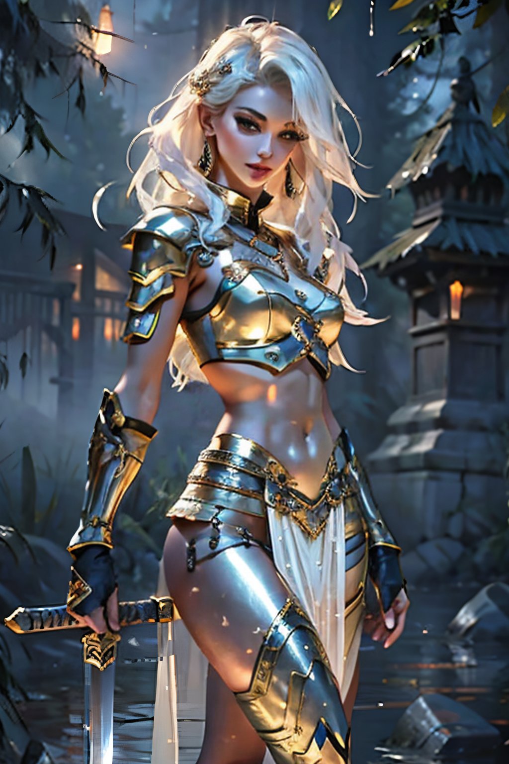 High resolution,  in the misty night, A woman dressed in an Assassin Viking light armor with a mysterious sadness in her eyes. With natural indescribable grace and elegance, when she dances and holds a long katana blade in her hand, wetness on her open bust C-cup, and the gentle breeze moving her white-golish hair. The magnificent Nordic golden jewelry set around her thigh and torso is breathtaking. The way she moves with such effortless poise and sophistication is mesmerizing. 