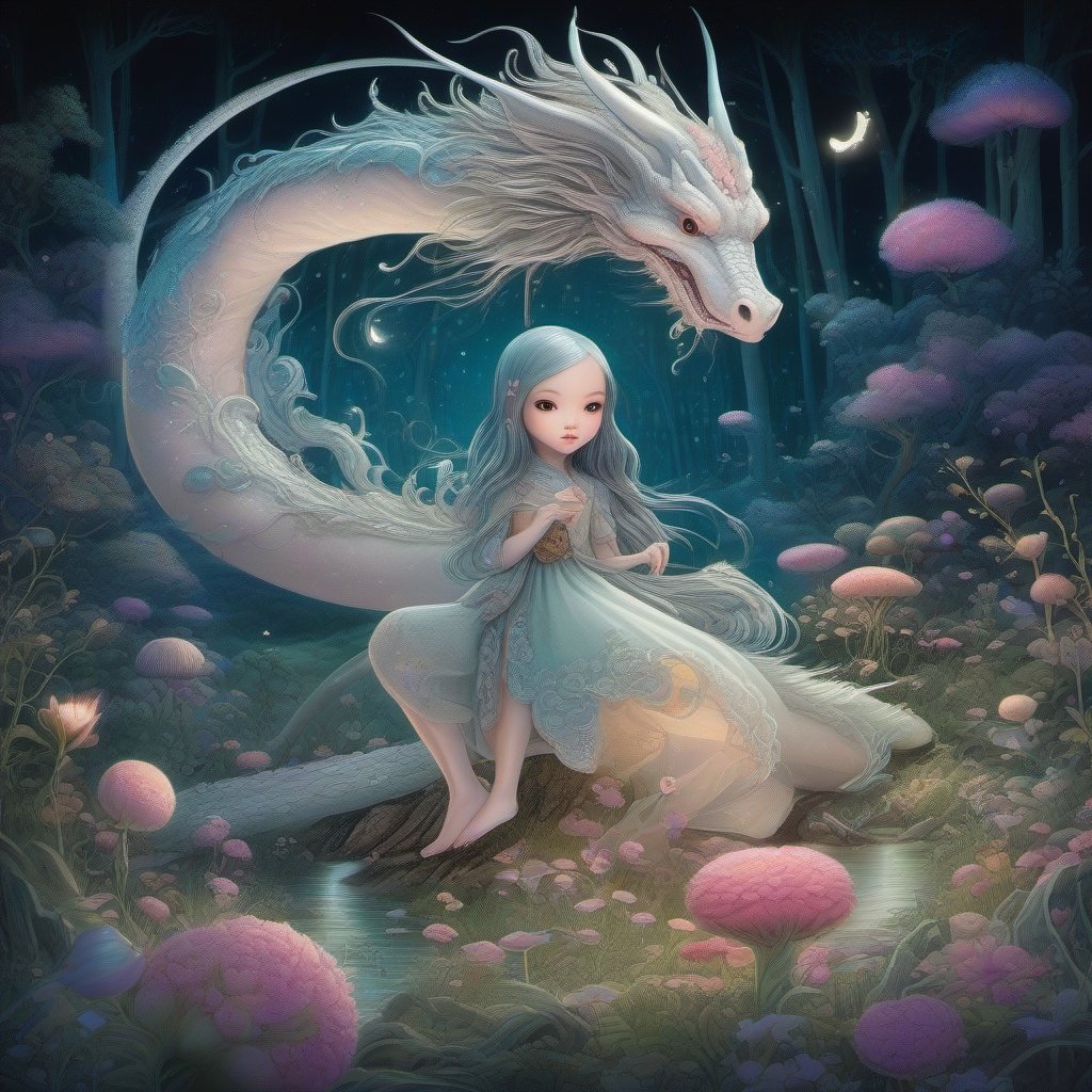   ultra highly detailed, , cinematic, 32k,  Asian folklore,  detailed  ink, acrylic,  by Craola,  Nicoletta Ceccoli, Beeple, Jeremiah Ketner  Todd Lockwood, storybook illustration,  cute  vivid tiny   Yokai  fairy   girl  and  perfect  Asian  ghost dragon , extremely big sharp  glowing   eyes,  meadow, forest,  night, ,stars, starry sky, fairytale,  storybook,   mystical, highly detailed unusual  highly detailed, intricated, intricated pose,   masterpiece, high quality, ultra details, small detailing,vibrant colors, complex patterns , unreal engine ,