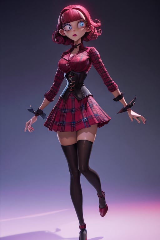 Carol-Anne Wilder in full length pose, curly red-magenta hair bangs hairstyle, hazel-blue eyes, hyper detailed eyes, beautiful eyes, perky breasts in a red and black corset and wearing a red and black tartan skirt and thigh high black stockings, perfect anatomy, centered, approaching perfection, dynamic, highly detailed, artstation, concept art, smooth, sharp focus, illustration, cinematic shallow depth of field, chempunk dystopian background, trending on artstation, 8k, masterpiece, fine detail, muted cinematic lut, intricate detail, perfecteyes, TimBurton Animation
