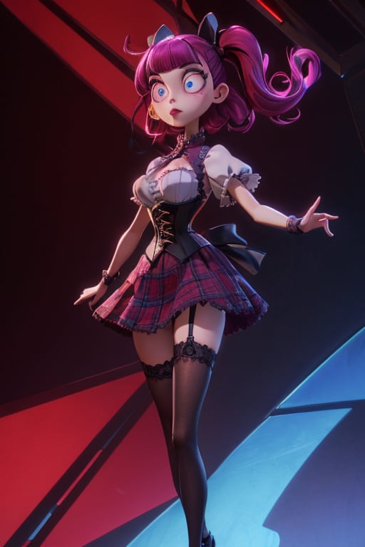 Carol-Anne Wilder in full length pose, curly black-magenta hair bangs hairstyle with a big black bow on the side, hazel-blue eyes, hyper detailed eyes, beautiful eyes, perky breasts in a maroon and black corset and wearing a black short tartan skirt and thigh high black stockings, perfect anatomy, centered, approaching perfection, dynamic, highly detailed, artstation, concept art, smooth, sharp focus, illustration, cinematic shallow depth of field, chempunk dystopian background, trending on artstation, 8k, masterpiece, fine detail, muted cinematic lut, intricate detail, perfecteyes, TimBurton Animation