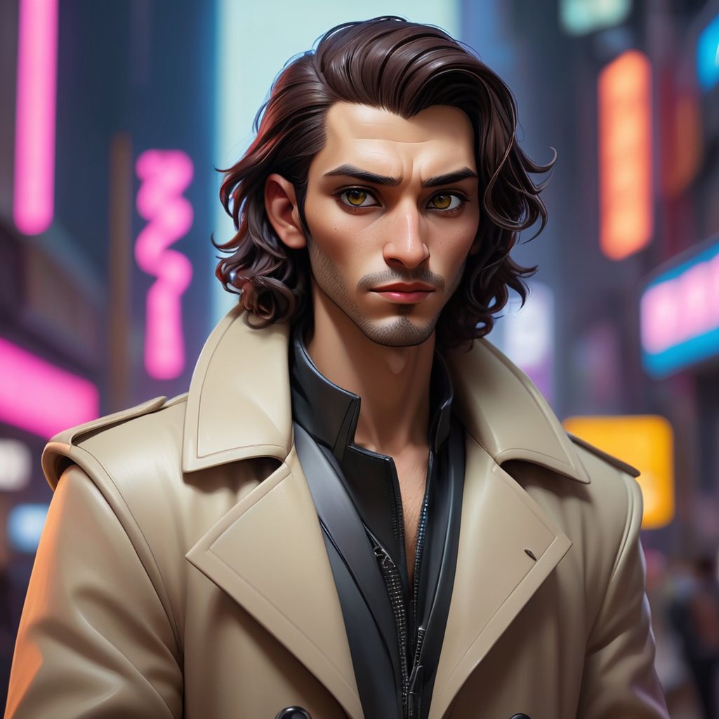 Male, middle eastern features and long wavy dark hair, brown eyes, large nose, slanted forehead, short chin, wearing a futuristic tech trenchcoat,

county festival 
futuristic Neon cyberpunk synthwave cybernetic  John Kenn Mortensen and by Johannes Vermeer and by Marco Guerra