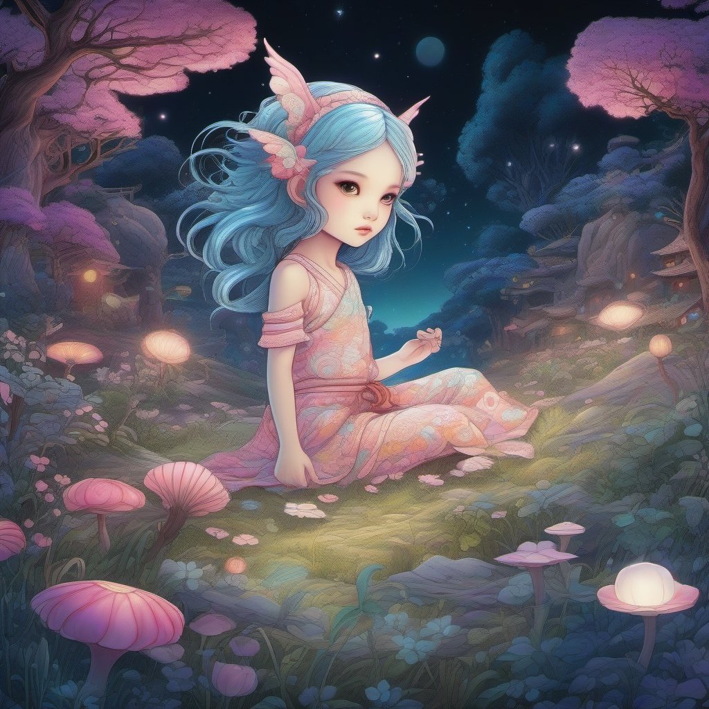 Create a highly detailed, cinematic, and UHD illustration of a mystical fairytale scene set in a meadow and forest at night. The scene features a cute, vivid, tiny Yokai fairy girl and a perfect Asian ghost dragon (Orochi) in an intricate pose. The Yokai fairy girl has extremely big, sharp, glowing eyes that stand out in the starry sky. The illustration is done in detailed ink and acrylic with vibrant colors and complex patterns. The style of the illustration is inspired by the works of Craola, Nicoletta Ceccoli, Beeple, Jeremiah Ketner, and Todd Lockwood. The final image should be a masterpiece with ultra details and small detailing, Unreal Engine 5, ray-tracing