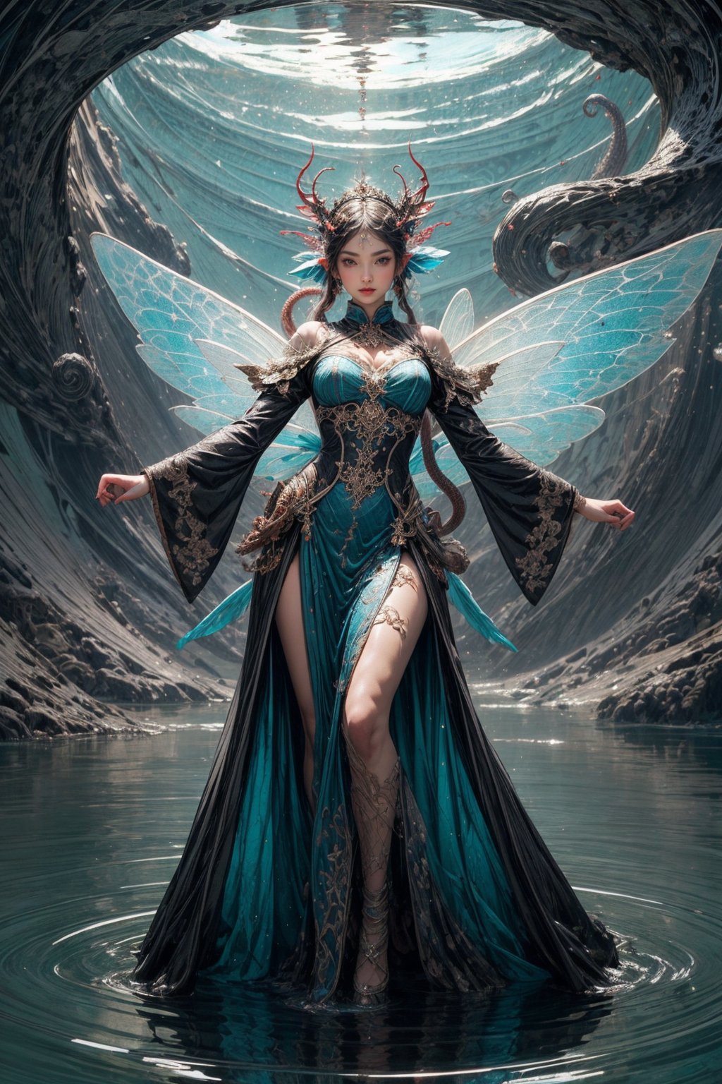 1girl, full length, fairy of water, scales, tenticles, fairy wings,
High quality, detailed, masterpiece, swirling upward in a spiral of water, weapon