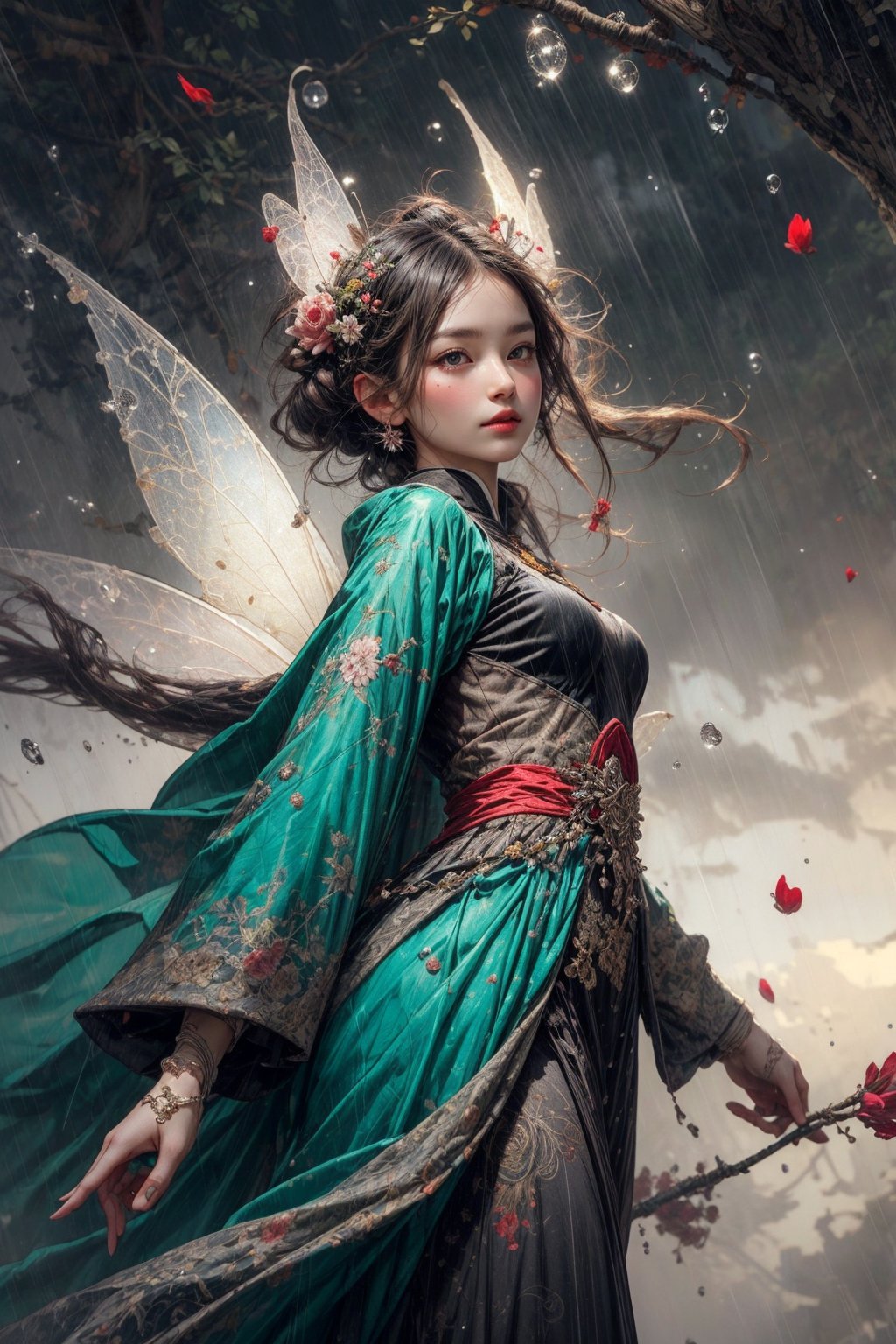 1girl, fairy of spring, pettls, buds, fairy wings,
High quality, detailed, masterpiece, swirling upward in a spiral of petals and rain drops, weapon