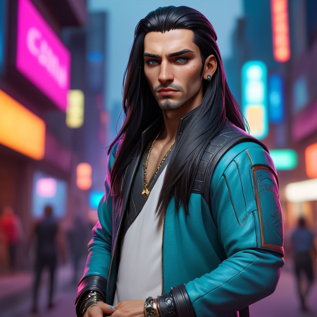 Male, middle eastern features and long dark hair,
county festival 
futuristic Neon cyberpunk synthwave cybernetic  John Kenn Mortensen and by Johannes Vermeer and by Marco Guerra
